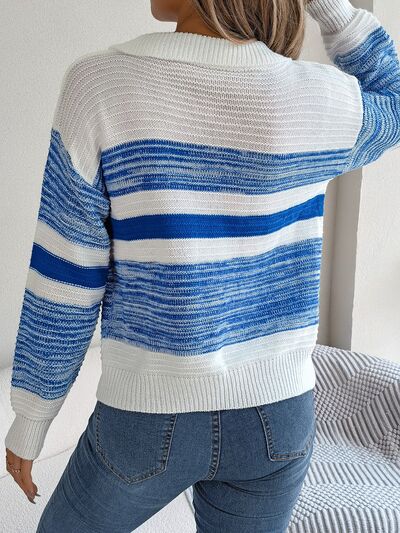 BEAUTIFUL I AM Striped Collared Neck Long Sleeve Sweater