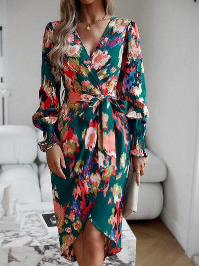 BEAUTIFUL I AM Printed Tie Front Lantern Sleeve Dress