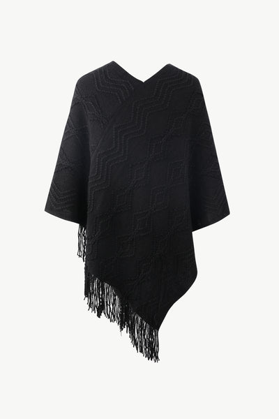 BEAUTIFUL I AM Pearl Trim V-Neck Fringe Hem Poncho