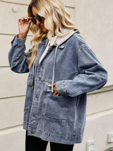 BEAUTIFUL I AM Drawstring Button Down Hooded Denim Jacket