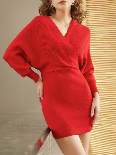 BEAUTIFUL I AM Surplice Neck Dolman Sleeve Sweater Dress