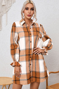 BEAUTIFUL I AM Plaid Collared Neck Flounce Sleeve Shirt Dress