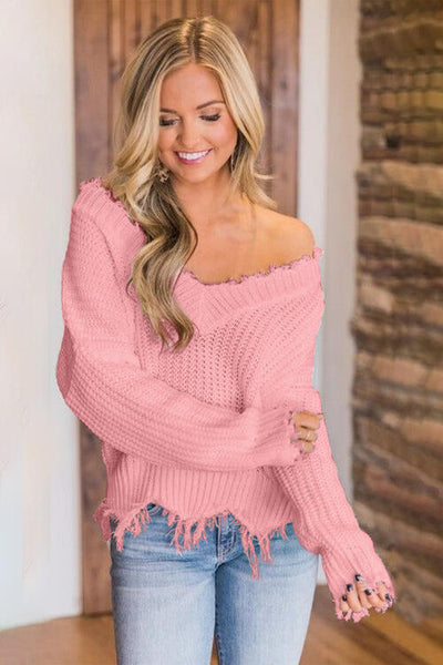 BEAUTIFUL I AM Frayed Hem Dropped Shoulder Sweater