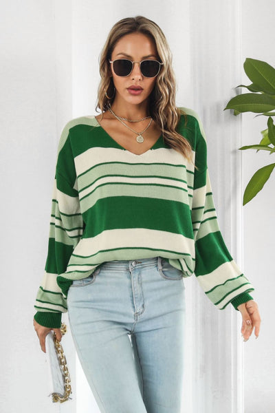 BEAUTIFUL I AM Striped V-Neck Dropped Shoulder Sweater