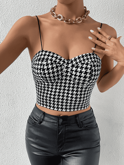 BEAUTIFUL I AM Cropped Sweetheart Neck Houndstooth Pattern Cami Shirt