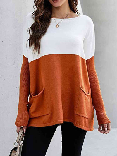 BEAUTIFUL I AM Two Tone Pullover Sweater with Pockets