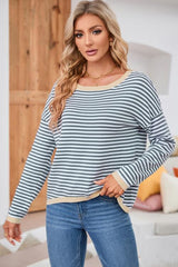 BEAUTIFUL I AM Striped Round Neck Drop Shoulder Shirt