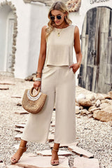 BEAUTIFUL I AM Buttoned Round Neck Tank and Wide Leg Pants Set