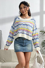 BEAUTIFUL I AM Striped Openwork Dropped Shoulder Sweater