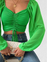 BEAUTIFUL I AM Drawstring Sweetheart Neck Cropped Top Shirt