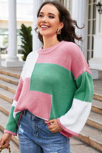 BEAUTIFUL I AM Round Neck Color Block Dropped Shoulder Sweater