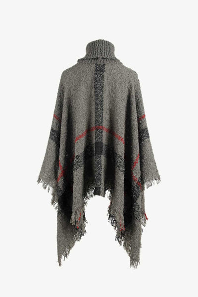 BEAUTIFUL I AM Plaid Turtleneck Raw Hem Poncho