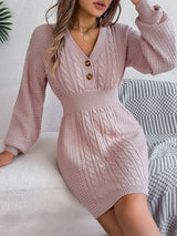 BEAUTIFUL I AM Buttoned Cable-Knit V-Neck Sweater Dress