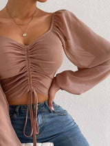 BEAUTIFUL I AM Drawstring Sweetheart Neck Cropped Top Shirt