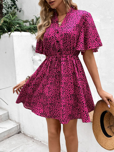 BEAUTIFUL I AM Printed Drawstring Waist Flutter Sleeve Dress