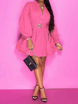 BEAUTIFUL I AM Notched Button Up Balloon Sleeves Dress