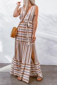 BEAUTIFUL I AM Striped Tie Waist Slit Sleeveless Dress