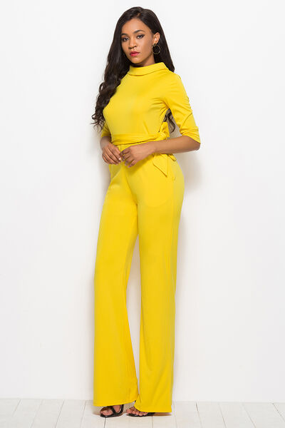 BEAUTIFUL I AM Mock Neck Tie-Waist Half Sleeve Pants Jumpsuit