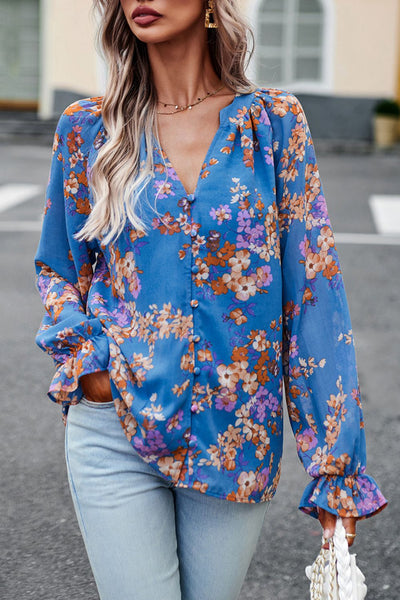 BEAUTIFUL I AM Floral Print Flounce Sleeve Blouse Shirt