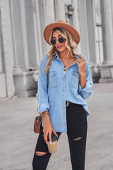 BEAUTIFUL I AM Collared Neck Dropped Shoulder Denim Shirt Top