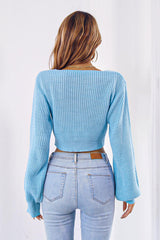 BEAUTIFUL I AM Bow V-Neck Long Sleeve Cropped Sweater