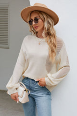 BEAUTIFUL I AM Openwork Round Neck Dropped Shoulder Knit Top Sweater