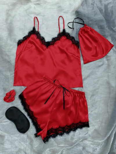 BEAUTIFUL I AM Lace Trim Cami, Shorts, Eye Mask, Scrunchie, and Bag Pajama Set Sleep Wear