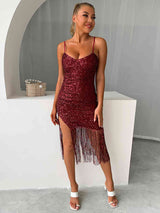 BEAUTIFUL I AM Sequin Fringe Spaghetti Strap Dress