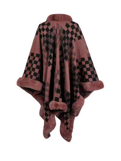 BEAUTIFUL I AM Checkered Faux Fur Trim Poncho