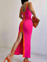 BEAUTIFUL I AM Contrast Wide Strap Slit Midi Dress