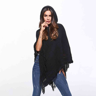 BEAUTIFUL I AM Openwork Fringe Hem Hooded Poncho