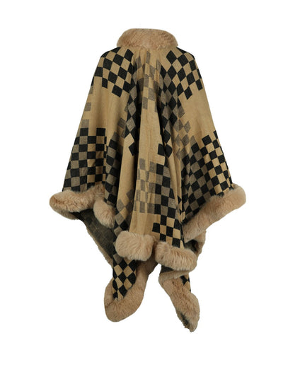 BEAUTIFUL I AM Checkered Faux Fur Trim Poncho