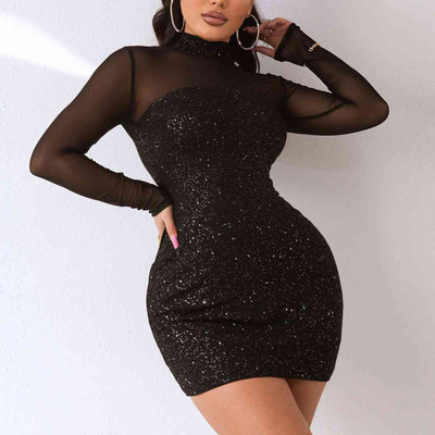 BEAUTIFUL I AM Sequin Mock Neck Mesh Dress