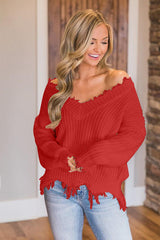 BEAUTIFUL I AM Frayed Hem Dropped Shoulder Sweater