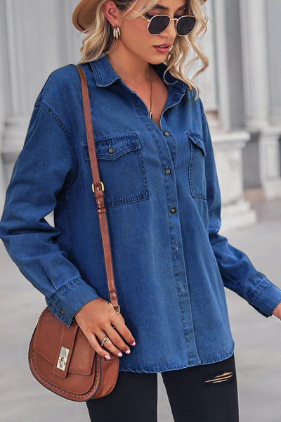 BEAUTIFUL I AM Collared Neck Dropped Shoulder Denim Shirt Top