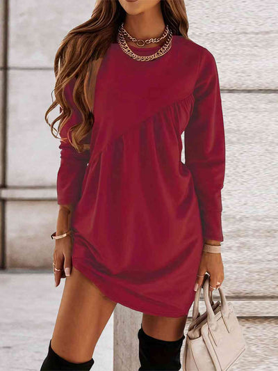 BEAUTIFUL I AM Ruched Round Neck Long Sleeve Dress