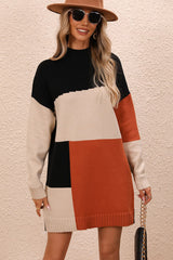 BEAUTIFUL I AM Color Block Mock Neck Dropped Shoulder Sweater Dress