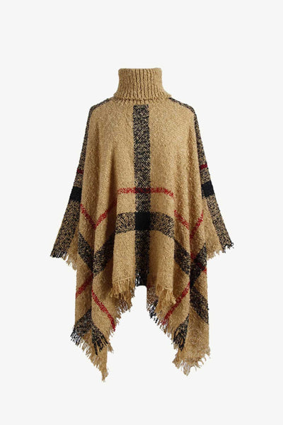 BEAUTIFUL I AM Plaid Turtleneck Raw Hem Poncho