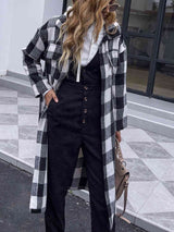 BEAUTIFUL I AM Plaid Collared Neck Slit Longline Jacket Coat