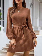 BEAUTIFUL I AM Round Neck Tie Front Long Sleeve Dress