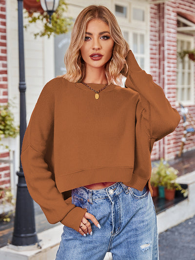 BEAUTIFUL I AM Dropped Shoulder Round Neck Long Sleeve Knit Top Sweater