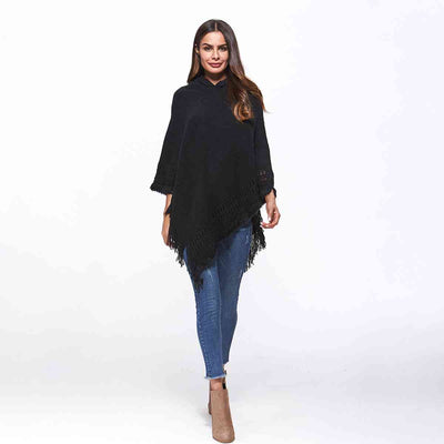 BEAUTIFUL I AM Openwork Fringe Hem Hooded Poncho