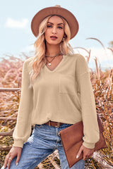 BEAUTIFUL I AM V-Neck Dropped Shoulder Waffle-Knit Blouse Shirt