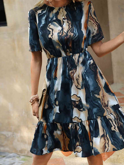 BEAUTIFUL I AM Tie-Dye Round Neck Ruffle Hem Dress