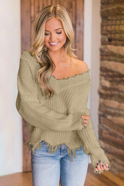 BEAUTIFUL I AM Frayed Hem Dropped Shoulder Sweater