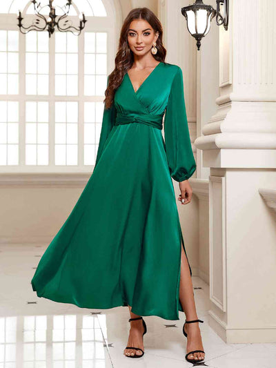 BEAUTIFUL I AM Surplice Long Sleeve Slit Midi Dress