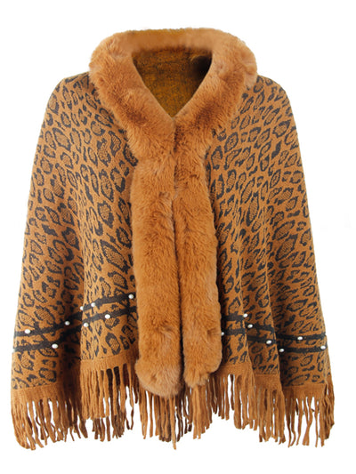 BEAUTIFUL I AM Leopard Fringe Hem Poncho