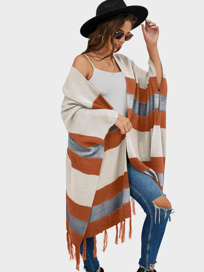 BEAUTIFUL I AM Striped Open Front Fringe Cardigan