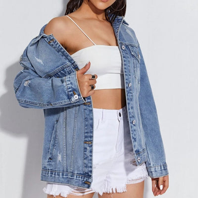 BEAUTIFUL I AM Collared Neck Button-Up Distressed Denim Jacket