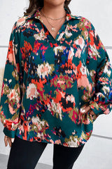 BEAUTIFUL I AM Plus Size Printed Johnny Collar Long Sleeve Blouse Shirt